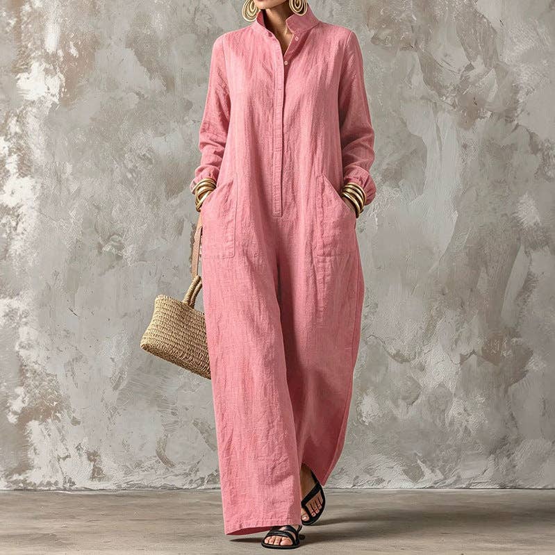 Women's Loose Button Front Wide Leg Long Sleeve Jumpsuit