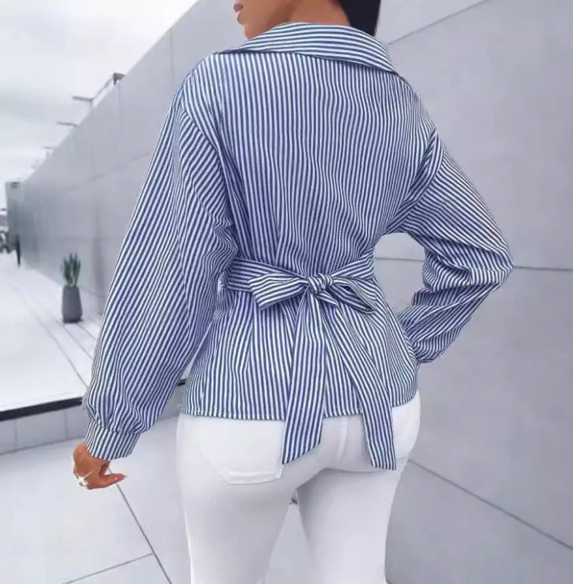 Blue & White Striped Wrap-Tie Blouse