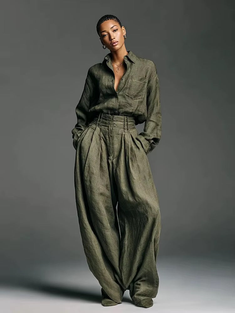 Olive Luxe Button-Front Wide-Leg Pant Set