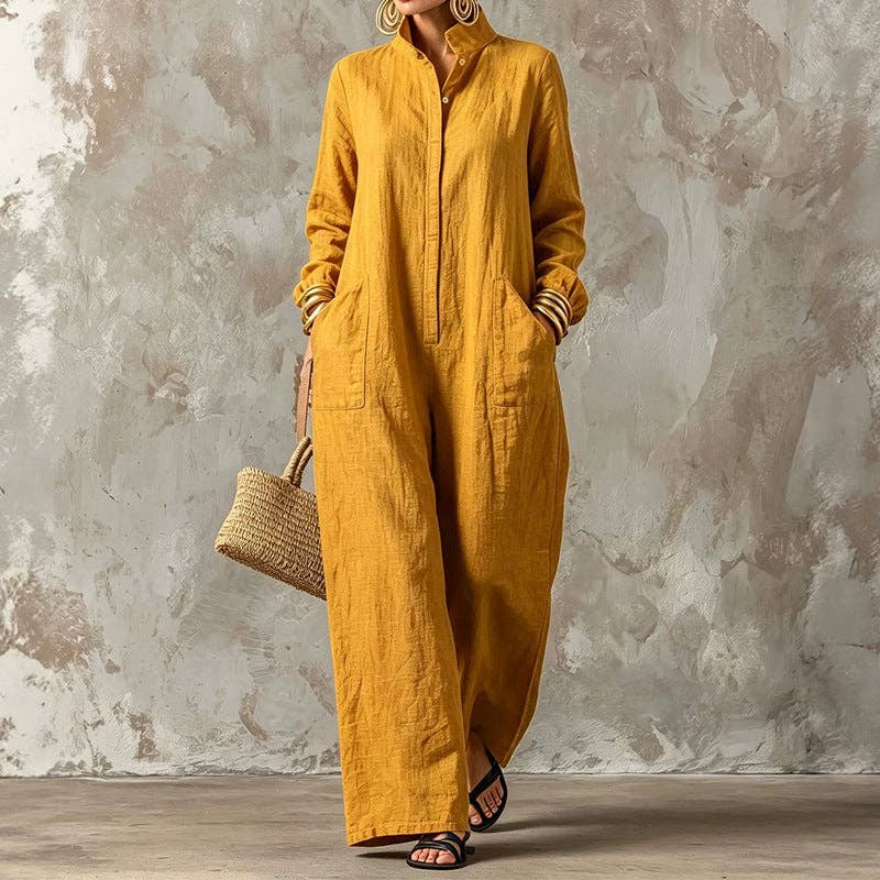 Women's Loose Button Front Wide Leg Long Sleeve Jumpsuit