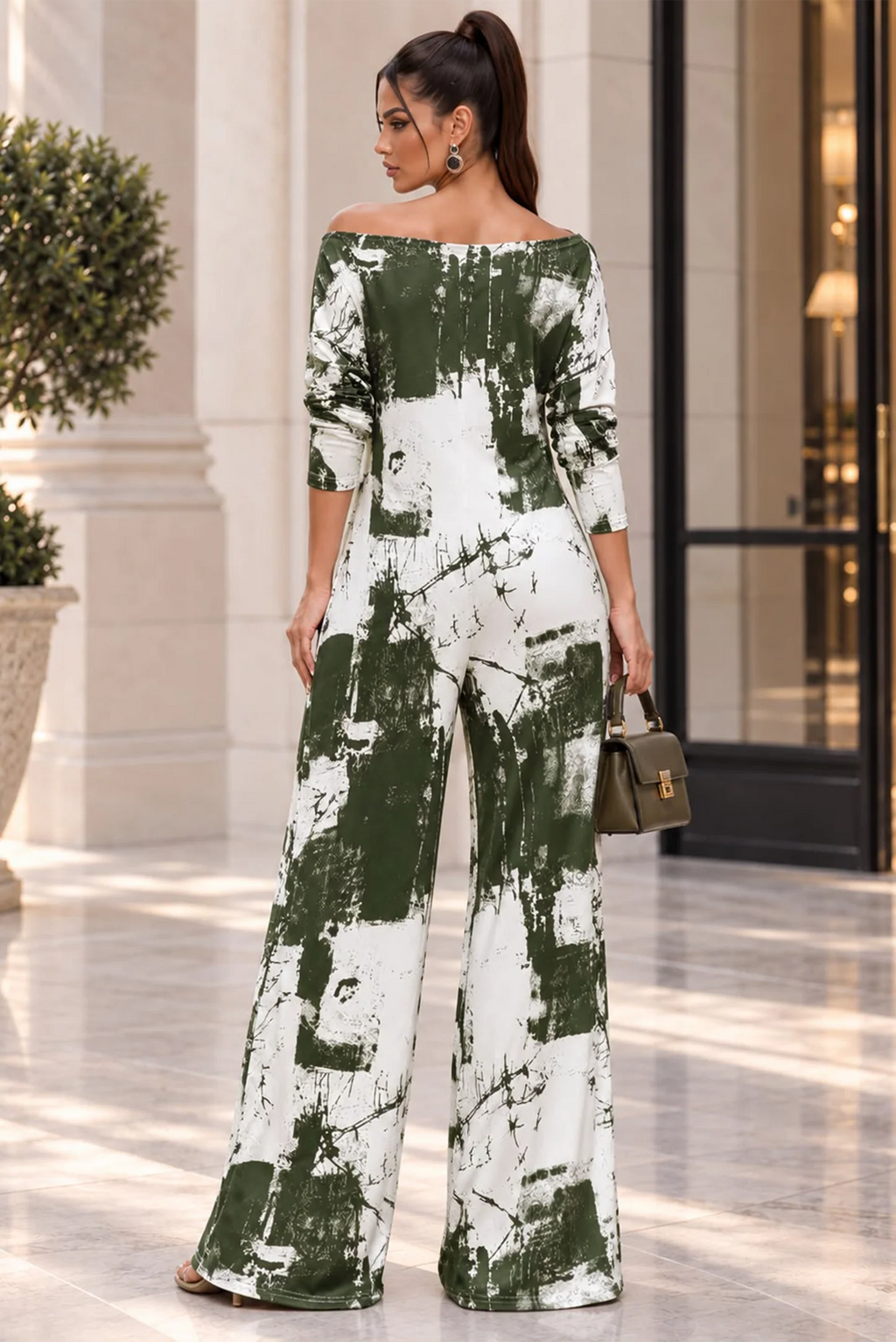 Olive Abstract Off-Shoulder Jumpsuit