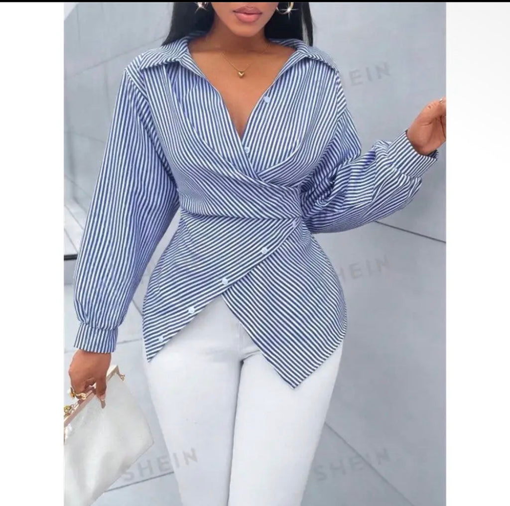 Blue & White Striped Wrap-Tie Blouse
