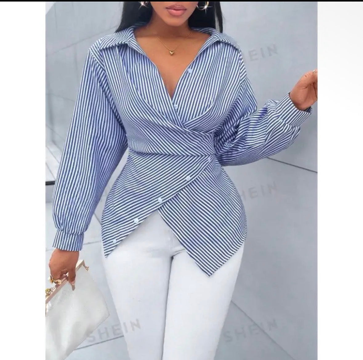 Blue & White Striped Wrap-Tie Blouse
