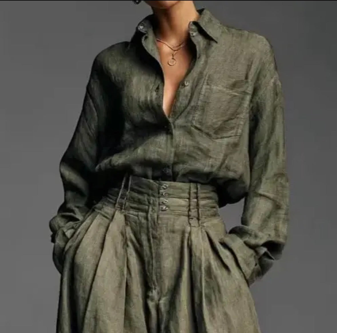 Olive Luxe Button-Front Wide-Leg Pant Set