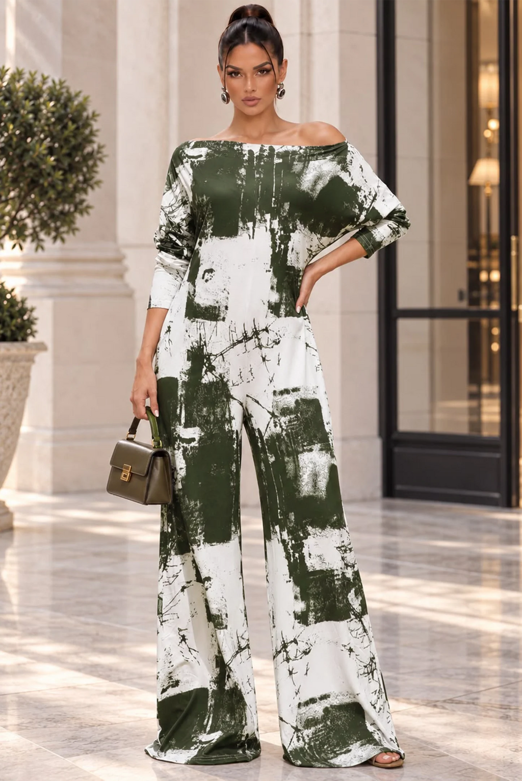 Olive Abstract Off-Shoulder Jumpsuit