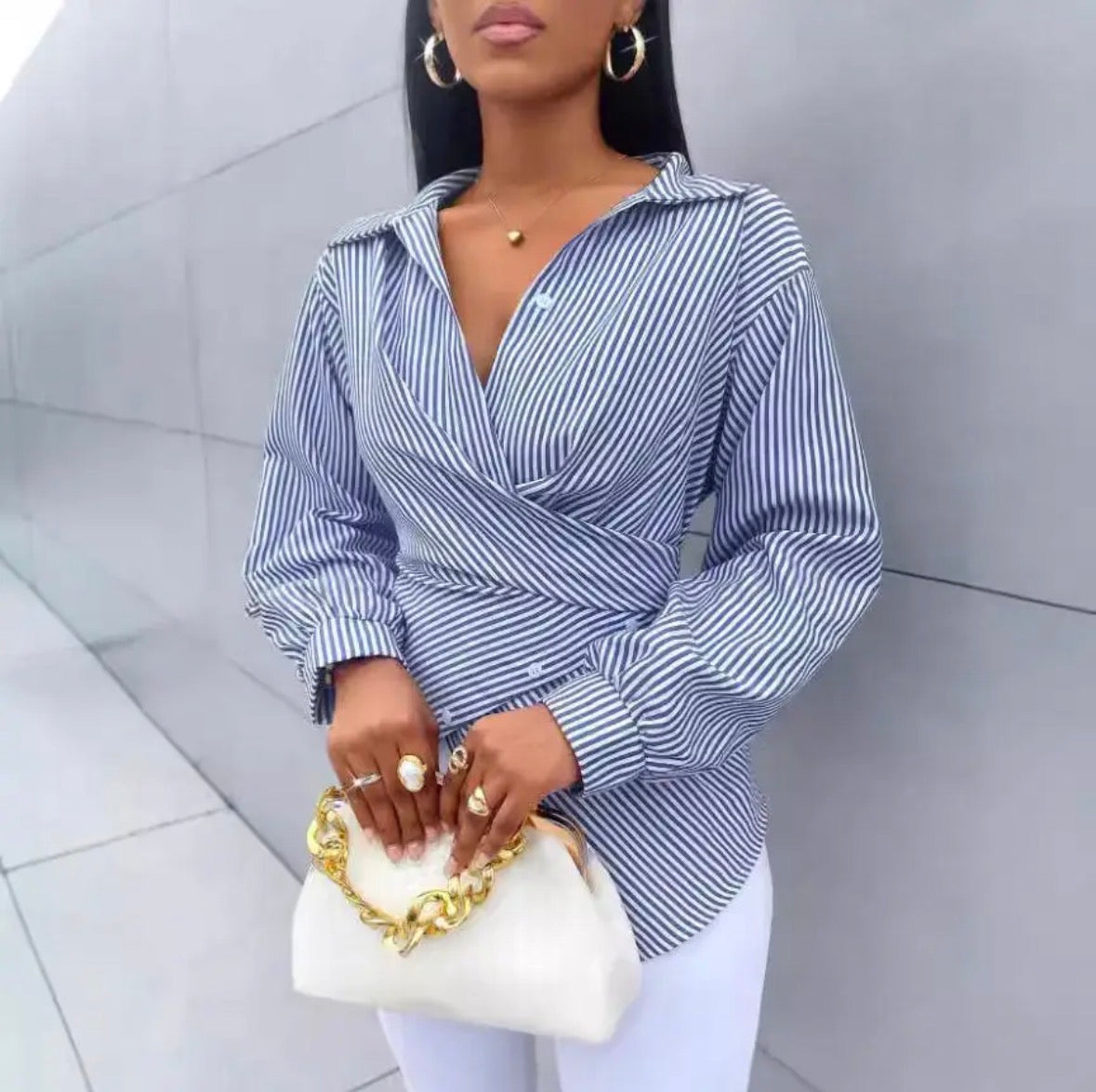 Blue & White Striped Wrap-Tie Blouse