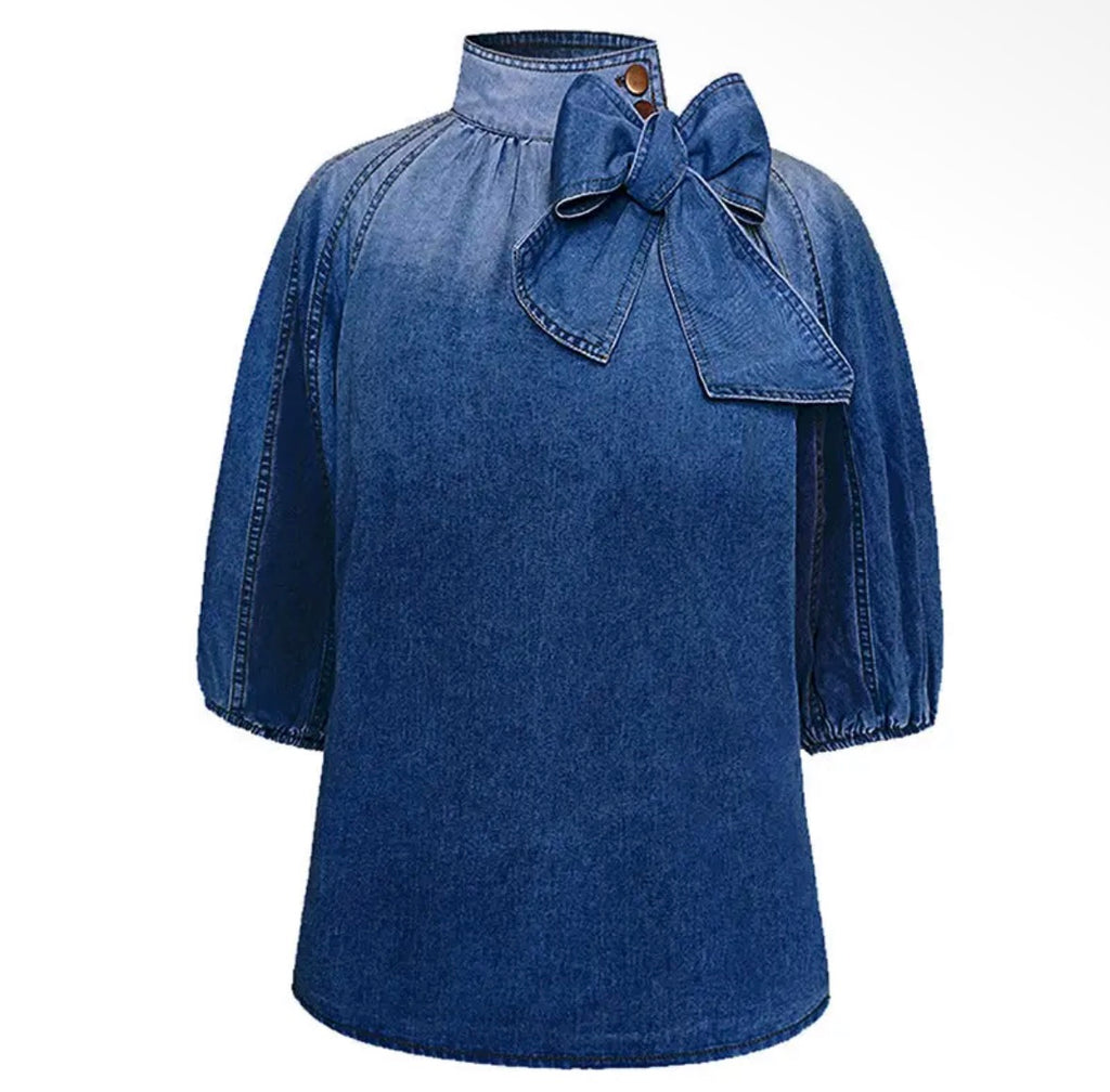 Denim Bow-Front Mock Neck Blouse