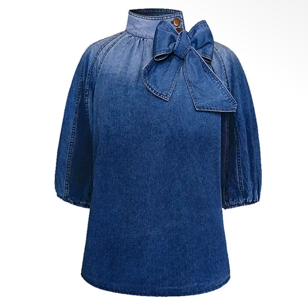Denim Bow-Front Mock Neck Blouse
