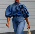 Denim Bow-Front Mock Neck Blouse