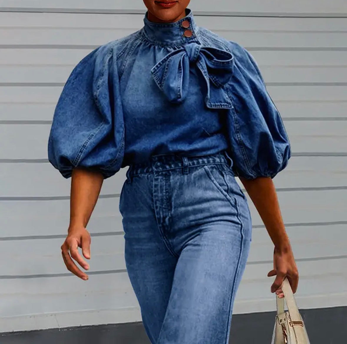 Denim Bow-Front Mock Neck Blouse