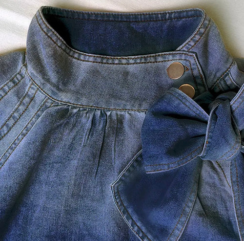 Denim Bow-Front Mock Neck Blouse