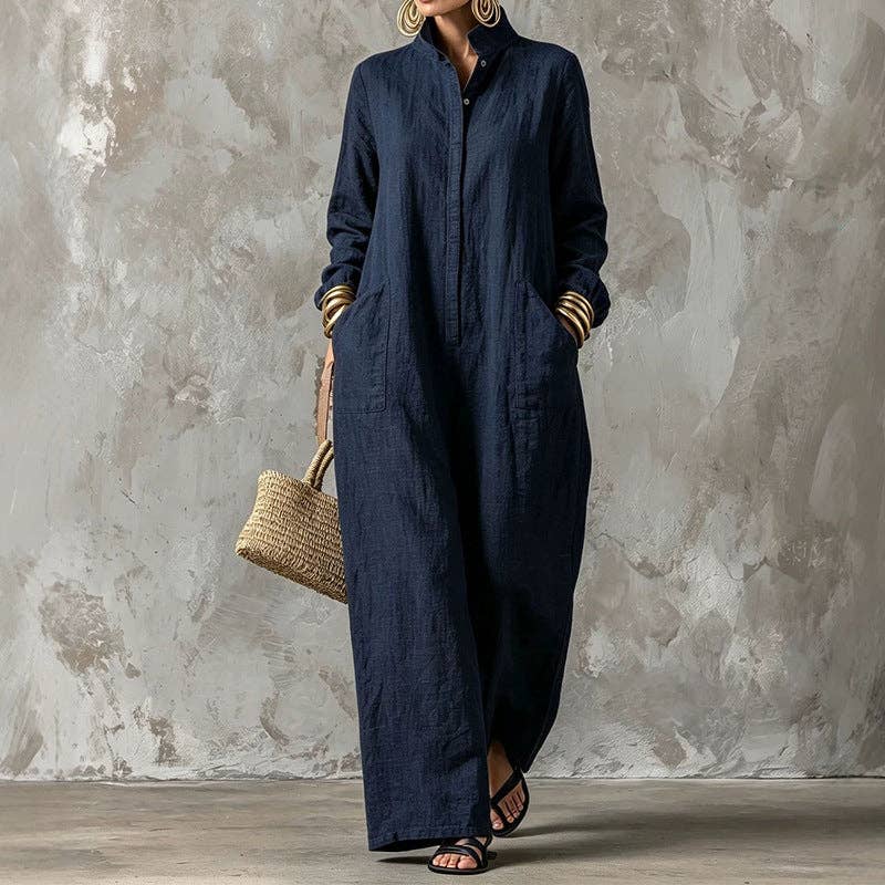 Women's Loose Button Front Wide Leg Long Sleeve Jumpsuit